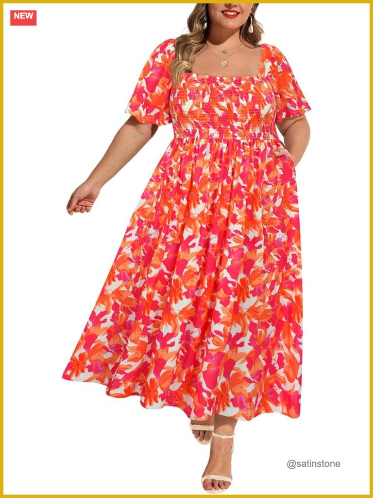 Plus Size Floral Smocked Maxi Dress With Pockets